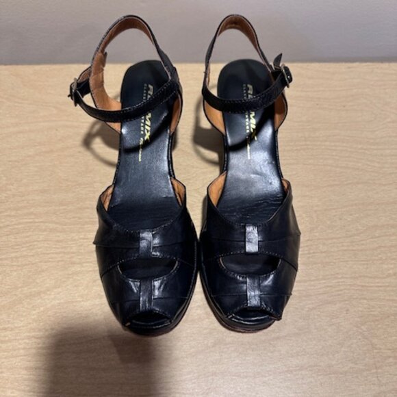 Re-mix Pleated Toe Vintage Style Black Leather Sandal Wedge Peep Toe - Picture 6 of 12